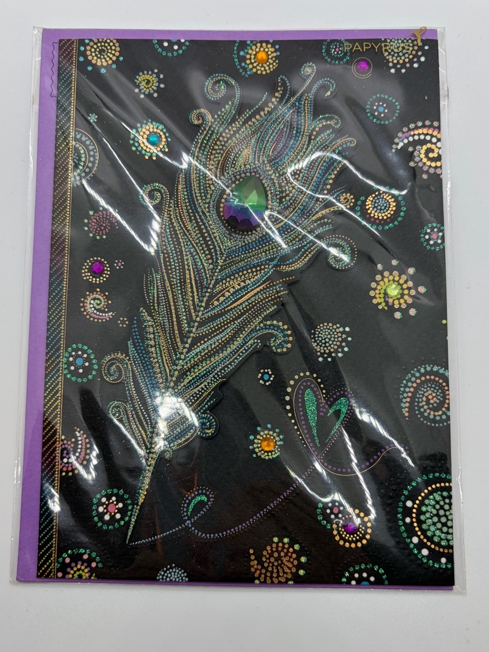 Peacock Feather Glitter Papyrus Greeting Card - Black & Purple NIP